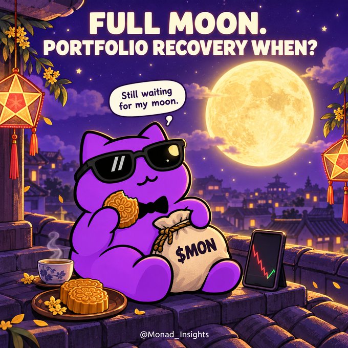 A digital illustration of a purple cat wearing sunglasses sitting on a rooftop under a large full moon, holding a mooncake and a money bag labeled '$MON', with a phone displaying a red price chart and the text 'FULL MOON. PORTFOLIO RECOVERY WHEN?' credited to @Monad_Insights.