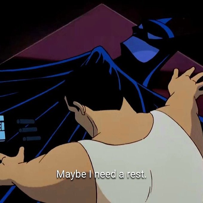 A scene from an animated cartoon showing a man lying down in a white tank top with the subtitle 'Maybe I need a rest.'