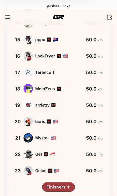 A mobile leaderboard screenshot from gardenrun.xyz showing users ranked 15-23, each with 50.0 km, including names like 'pppo', 'LockFryer', and 'MetaZeus'.