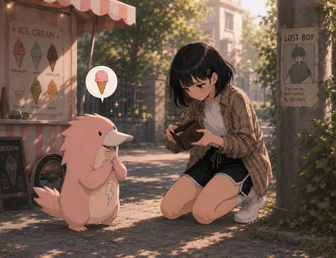 The image features two cartoon characters - a girl with long hair holding an ice cream cone and a pink animal (possibly a duck or a turtle) standing next to her, both looking at each other. The girl appears to be trying to take a picture of the pink animal using her phone. In the background, there is a sign that says "lost boy", which might suggest that they are in an area where children have lost their belongings.