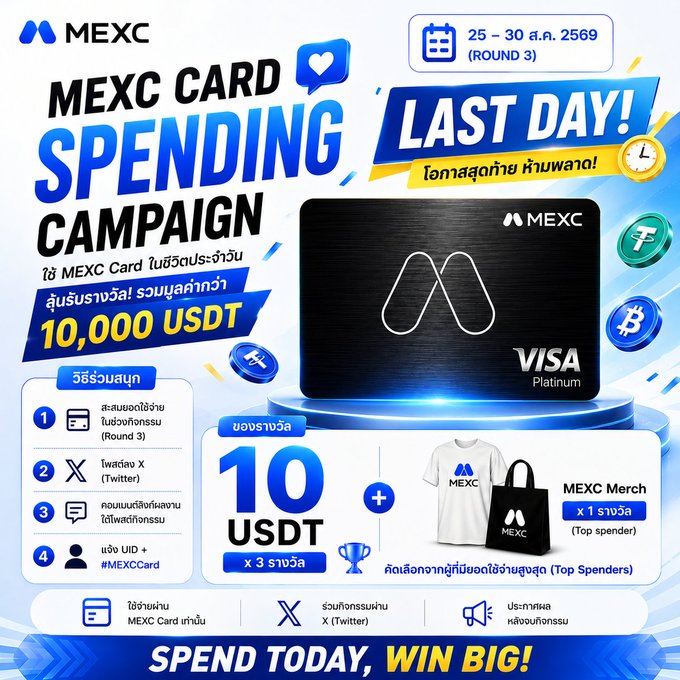 A promotional advertisement for the MEXC Card Spending Campaign (Round 3, 25-30 Aug) offering a 10,000 USDT prize pool, featuring a black MEXC Visa Platinum card and prizes including USDT and MEXC merch.