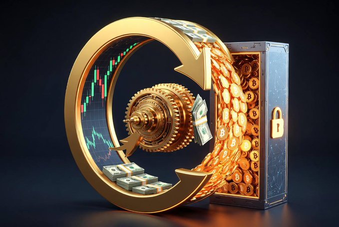 The image features a gold-colored clock with a unique design, which appears to be made of money or coins. The clock has a circular shape with an arrow pointing towards the bottom right corner, symbolizing the flow of time. A lock is positioned on the right side of the clock, adding an element of security and protection for the valuable items inside. The post includes text that reads "Strategy không bán đâu đâu mua tiếp STRC trên 100 USD ➝ Bán STRC lấy tiền mua BTC STRC rơi dưới". The combination of the clock and lock suggests that the image is related to a financial or investment theme, possibly discussing strategies for managing wealth or protecting valuable assets.