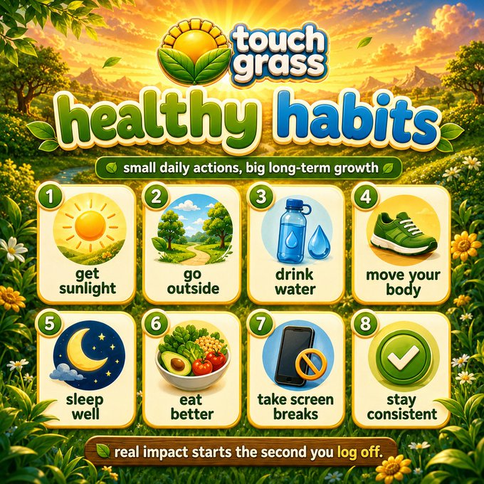 A vibrant infographic titled "Touch Grass - Healthy Habits" illustrates eight daily wellness tips (get sunlight, go outside, drink water, move your body, sleep well, eat better, take screen breaks, stay consistent) under the tagline "small daily actions, big long-term growth," promoting the $TOUCHGRASS and #TouchGrass message of offline lifestyle balance. This connects to the post's theme of building healthier habits and finding growth beyond screens.