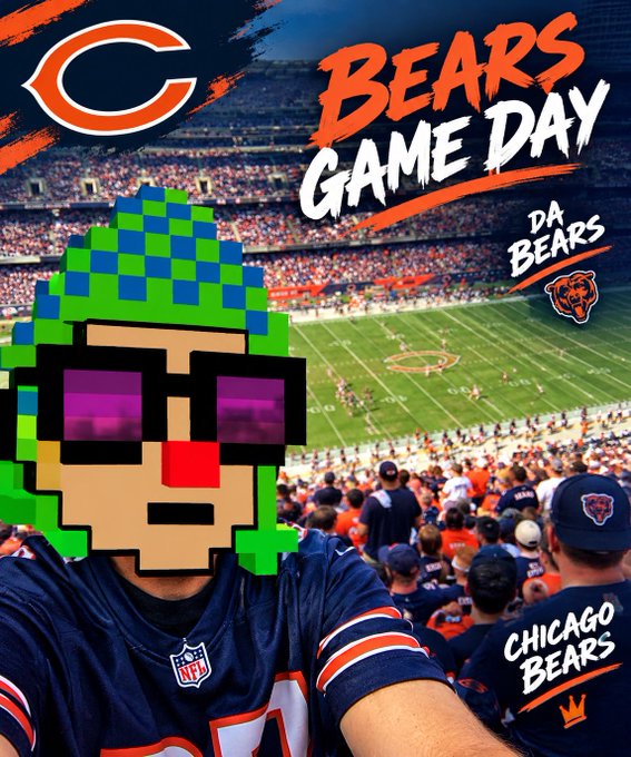 A Chicago Bears game day graphic featuring the team logo, 'BEARS GAME DAY' and 'DA BEARS' text, alongside a pixel-art green-haired character wearing sunglasses and a Bears jersey at a stadium.