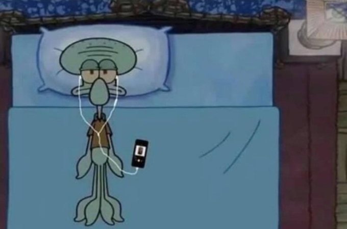 The image features a cartoon character, likely Spongebob Squarepants or Patrick Star, sitting in bed with headphones on his head while holding a cell phone. The scene appears to be set at night, as indicated by the dark background and the presence of a pillow. The caption for this image is "late night Alpha Bull post $RIVER At point, I'm just struggling to show up everyday and it'S been hard seeing any project to lock in on this bear market fr @River4fun will be different this time."
