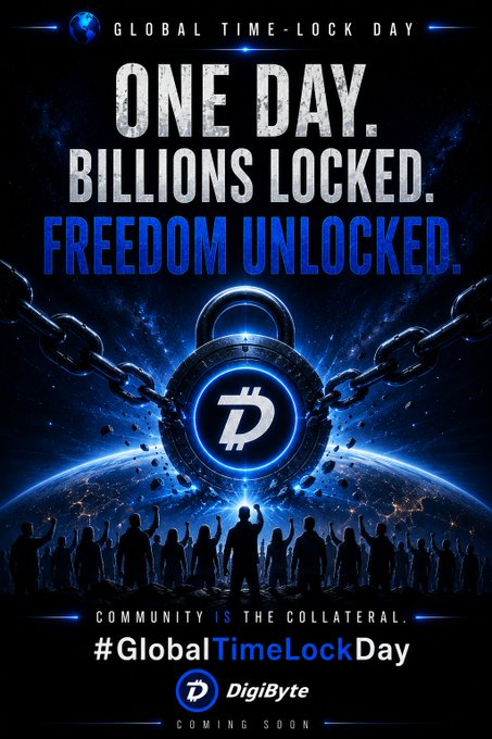 Promotional poster for 'GLOBAL TIME-LOCK DAY' by DigiByte, featuring a large glowing blue padlock with a 'D' symbol, broken chains, and silhouettes of a cheering crowd, with text reading 'ONE DAY. BILLIONS LOCKED. FREEDOM UNLOCKED.' and hashtag '#GlobalTimeLockDay'.