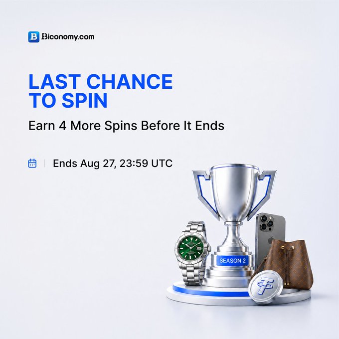 A Biconomy.com promotional graphic titled 'Last Chance to Spin' offering 4 more spins before it ends on Aug 27, 23:59 UTC, featuring a Season 2 trophy with prizes like a watch, iPhone, and bag.