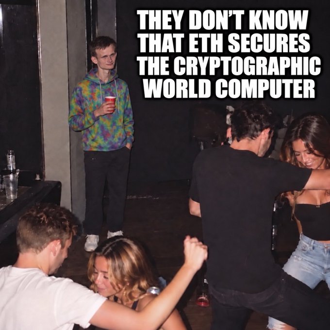 A meme using the 'socially awkward guy at party' template showing Vitalik Buterin in a tie-dye hoodie, with text reading 'THEY DON'T KNOW THAT ETH SECURES THE CRYPTOGRAPHIC WORLD COMPUTER'.