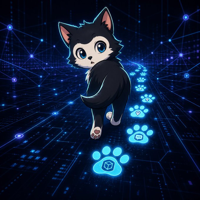 An anime-style digital illustration of a black and white kitten with large blue eyes, leaving glowing blue paw prints on a futuristic circuit-like pathway in a neon space.