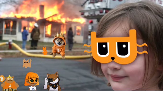 A meme image showing a child with an orange cat-meme face overlay in the foreground, while a Shiba Inu dog in a firefighter costume appears superimposed over a house fire in the background, with smaller Shiba meme figures in the bottom left.