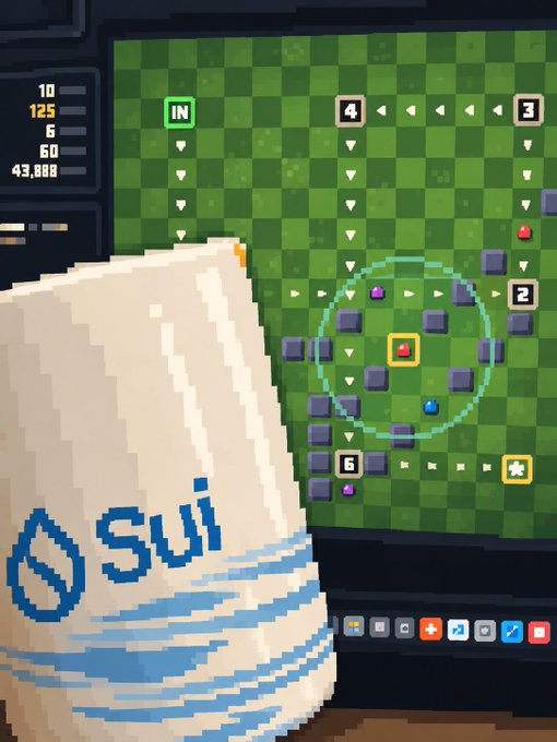 A pixel art image featuring a bag branded 'Sui' (a blockchain platform) alongside a game-like grid interface with numbered squares and directional arrows.