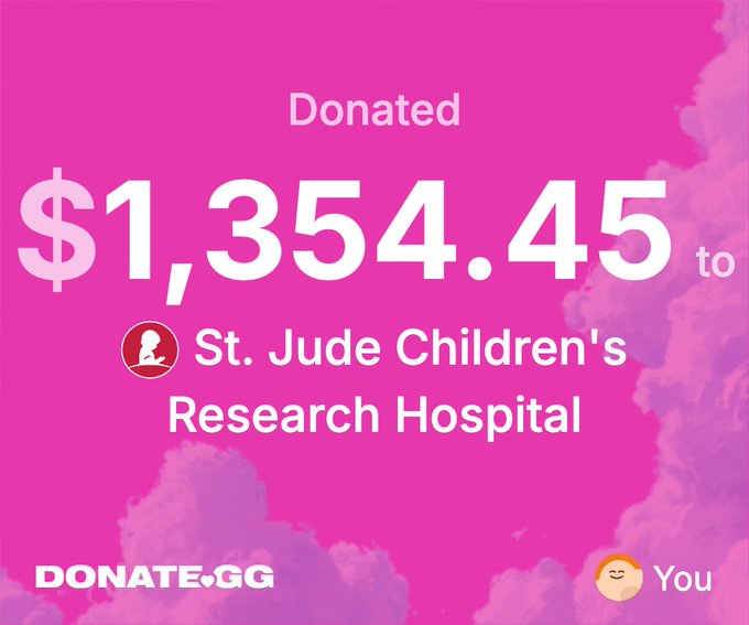 A bright pink screen from the platform 'DONATE.GG' indicating that '$1,354.45' was 'Donated to St. Jude Children's Research Hospital' by a user named 'You'.