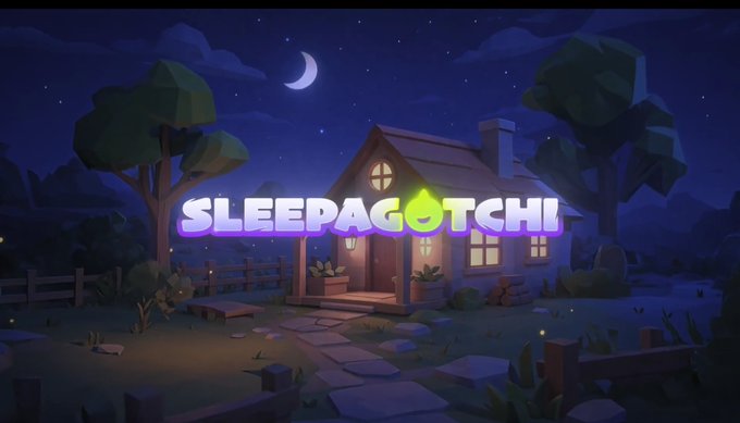 A low-poly 3D nighttime scene featuring a cozy cottage under a crescent moon with the title "SLEEPAGOTCHI" displayed in glowing purple and green letters.