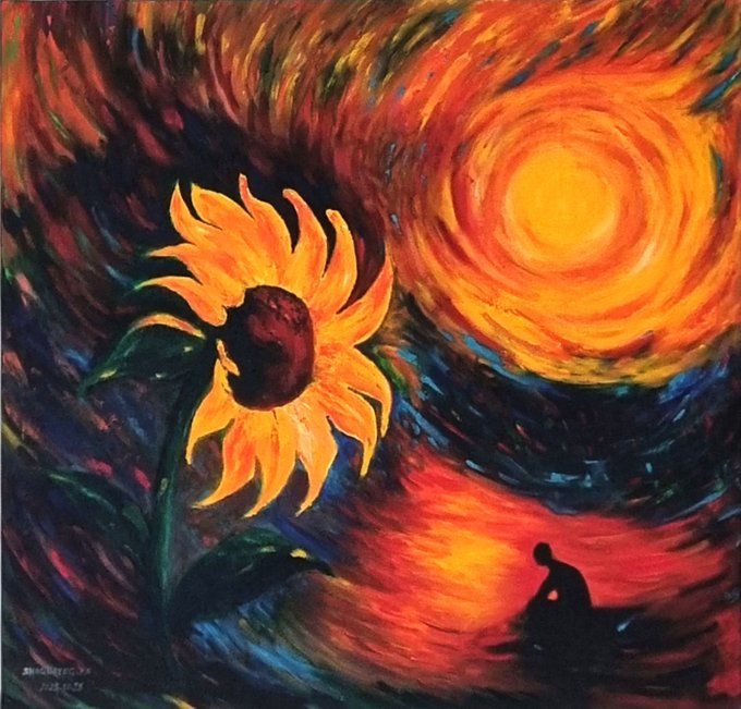 Expressionist-style painting in the style of Van Gogh's 'Starry Night' depicting a large sunflower against a swirling, fiery orange sun and dark sky, with a small silhouetted figure sitting in the lower right corner.