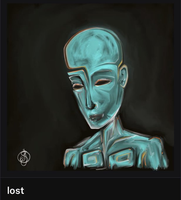 A digital painting of a teal/blue robotic or alien humanoid bust with a stylized face and segmented neck, set against a black background, labeled 'lost' at the bottom with a small logo in the lower left.
