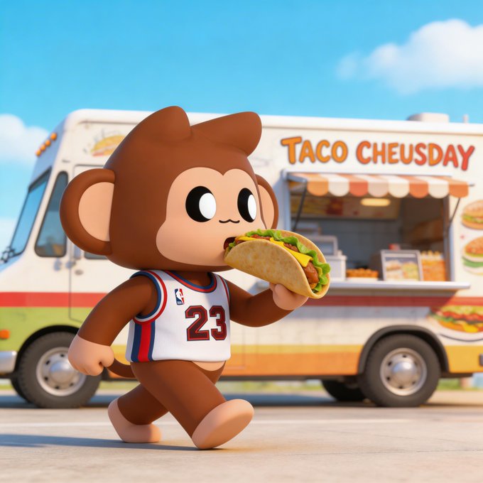 A 3D-rendered cartoon monkey character wearing a white basketball jersey with the number 23, holding a taco, with a "TACO CHEUSDAY" food truck in the background.