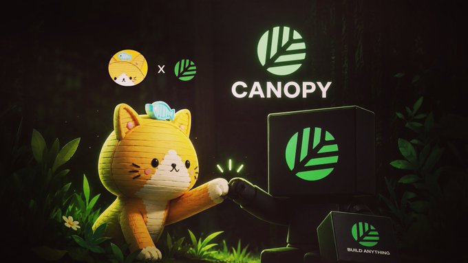 A cheerful orange cat character wearing a paper lantern hat gives a high-five to a black cube displaying a green leaf logo, with the text "CANOPY" and "BUILD ANYTHING" visible against a dark forest backdrop—visualizing the @CNPYNetwork post's message about empowering builders with their own dedicated blockchain infrastructure.