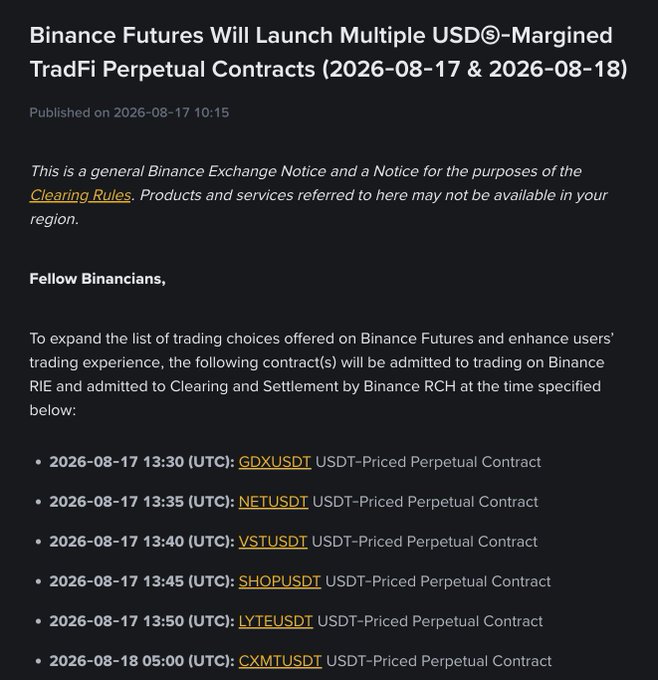 Binance Futures announcement listing six new USD-margined TradFi perpetual contracts (GDXUSDT, NETUSDT, VSTUSDT, SHOPUSDT, LYTEUSDT, and CXMTUSDT) scheduled for August 17–18, 2026, with CXMTUSDT on Aug. 18 highlighted as the first-ever A-share (SSE 688825) perpetual on the platform.