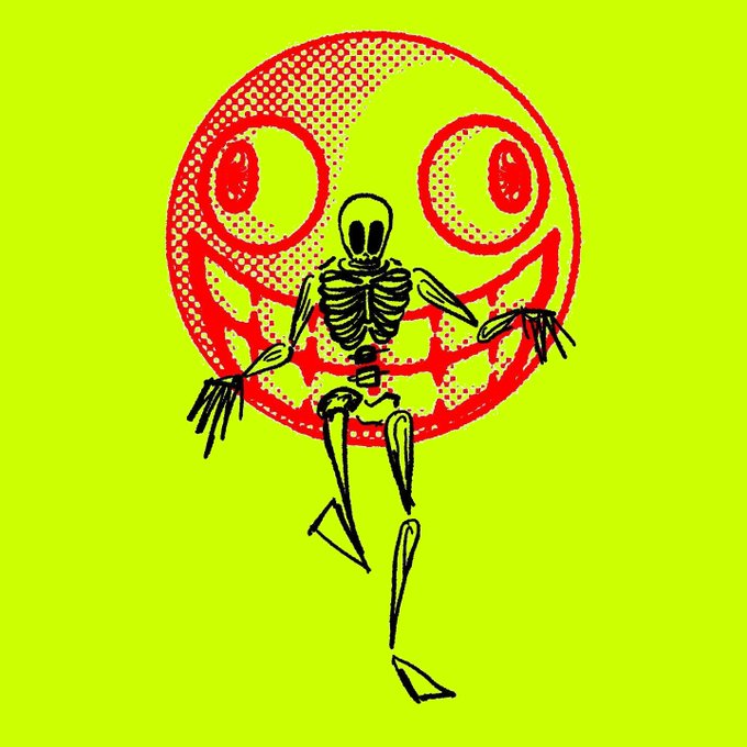 A dark, edgy illustration of a skeletal figure with an oversized grinning red-and-yellow smiley face as its head, set against a bright neon yellow-green background.