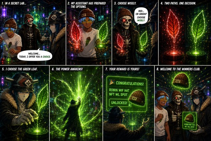 An 8-panel comic strip depicting a character choosing between a red and green glowing leaf in a secret lab, with text panels including "IN A SECRET LAB...", "CHOOSE WISELY.", "I CHOSE THE GREEN LEAF.", and "CONGRATULATIONS! ROBIN WIF HAT NFT WL SPOT UNLOCKED".