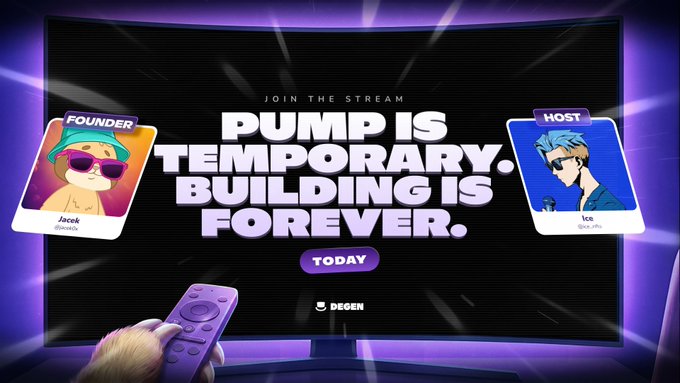 The image features a large TV screen with two cartoon characters wearing sunglasses and holding remote controls. The text displayed on the screen reads "HEY DEGENS! WE'RE LIVE TODAY AT 11 AM EST! Pump Is Temporary. Building Is Forever." This suggests that there is an event or gathering related to the evolution of $DEGEN, possibly a convention or a panel discussion about the company's history and future plans. The characters are positioned in front of the TV screen, emphasizing the central theme of the image.