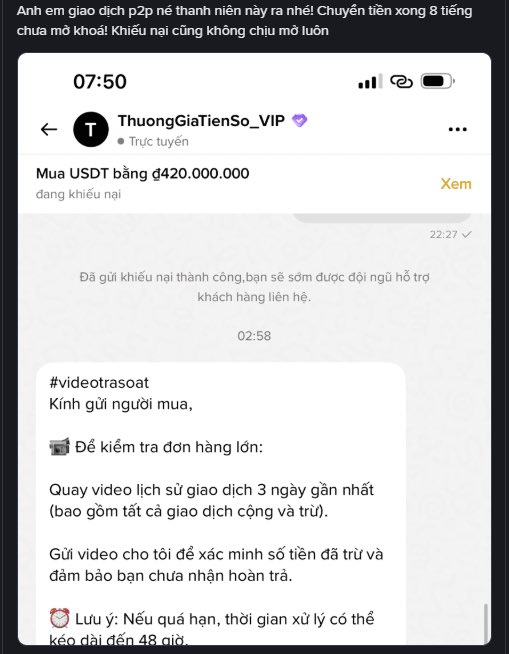 A Telegram screenshot showing a message from 'ThuongGiaTienSo_VIP' about selling USDT for 420,000,000 VND, with Vietnamese text about a P2P transaction dispute.