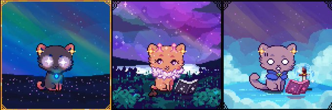 Three pixel art cat illustrations: a black cat under aurora borealis, an orange cat in a starry forest with a laptop, and a purple cat in clouds with a pink gift box.