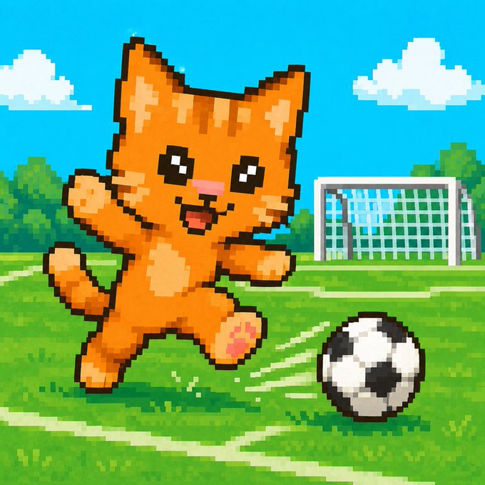 Pixel art illustration of a cute orange cat running with a soccer ball on a green field, with a goal net visible in the background.