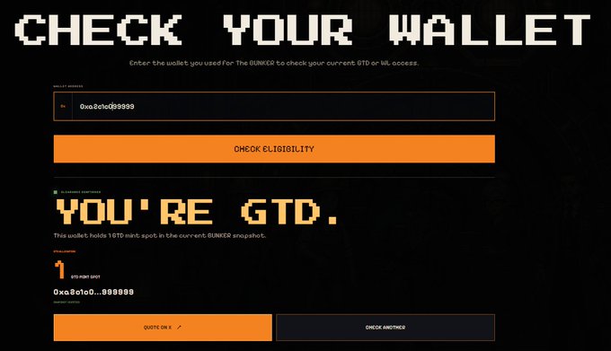 A website screenshot displaying a "CHECK YOUR WALLET" interface for THE BUNKER, showing a wallet address (0xa8c8c0d99999) that holds 1 GTD mint spot in the BUNKER snapshot, with buttons to "QUOTE ON X" or "CHECK ANOTHER" — aligning with the announcement of tonight's mint at 12:30 AM via checker.thebunkerhood.com/checker.