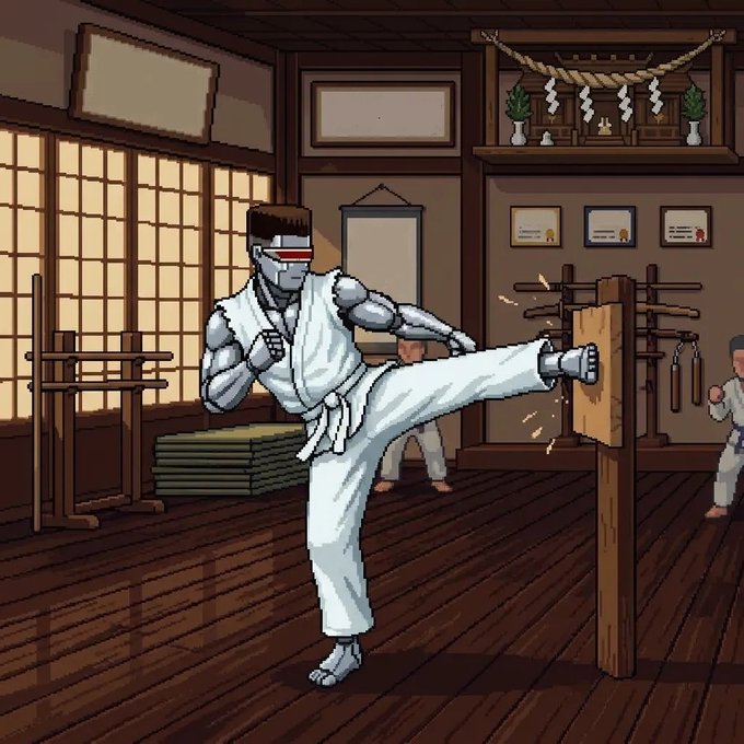A muscular, robotic warrior in a white karate gi and headband delivers a high kick to a wooden training dummy inside a traditional dojo, with two students practicing in the background. The pixel art imagery ties into the post's call to action for a Phase III recruitment initiative at swoldier.xyz, symbolizing discipline and the initiation into training as new recruits are invited to apply.