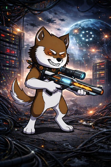 A determined Shiba Inu warrior grips a glowing high-tech rifle on a cyberpunk battlefield littered with cables, with a massive war-torn moon and starfighters looming overhead — visually capturing the intense, skill-based "last stand" energy of the SolGun.gg 1v1 Solana duels described in the post.