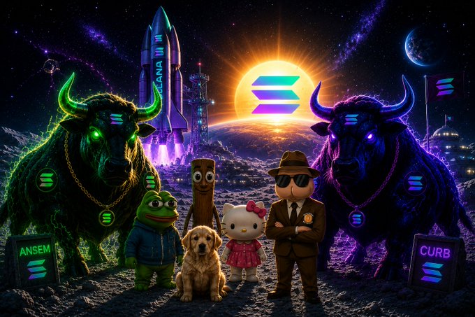 A vibrant cosmic scene features a rocket labeled "SOLANA" launching toward a sun displaying the Solana logo, flanked by glowing green and purple bulls with "ANSEM" and "CURB" medallions, alongside mascots of a frog, a wooden figure, a dog, Hello Kitty, and an agent in a trench coat and sunglasses. The imagery visually reinforces the bullish Solana sentiment and spotlights the $SOL, $ANSEM, and $CURB tokens mentioned in the morning greeting.