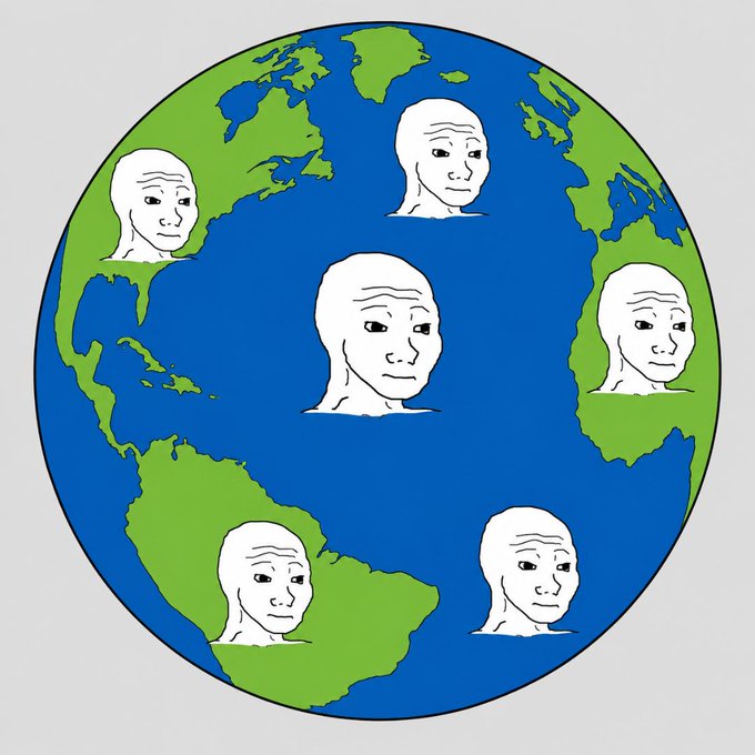 The image features a cartoon depiction of six white heads, each with a sad expression, arranged around the globe. The faces are drawn in black against a green background, creating an artistic representation of the world's continents. The caption below the image reads "wojak world wide wojak will win wojak we wagmi". This phrase is likely a reference to the concept of "wojak" being a popular game or activity among people in certain regions, where players take turns drawing faces on a globe while others guess the number of faces drawn. The sad expressions of the faces indicate that the game might be losing popularity over time.