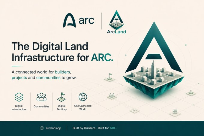 A promotional graphic for 'The Digital Land Infrastructure for ARC' featuring the Arc and ArcLand logos, showing a 3D isometric city on a floating platform with icons for Digital Infrastructure, Communities, Digital Territory, and One Connected World.