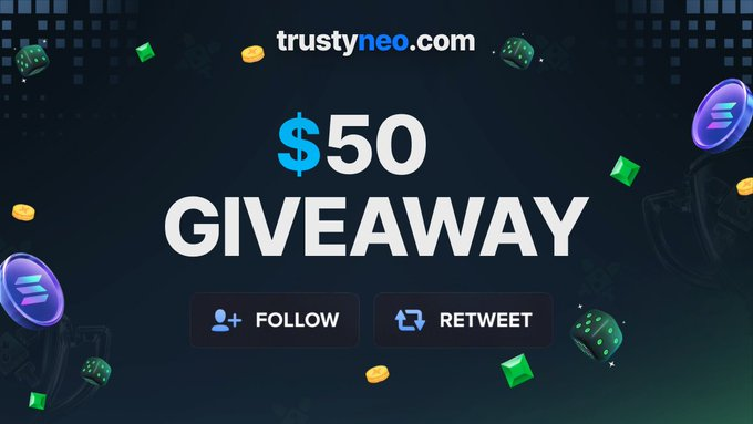 A dark promotional graphic for trustyneo.com announcing a "$50 GIVEAWAY" with "FOLLOW" and "RETWEET" buttons, decorated with floating casino-themed icons like dice, coins, and chips. The image visually reinforces the post's call-to-action for users to follow @DuelbitsRewards, retweet, tag friends, and join Discord to enter the giveaway.