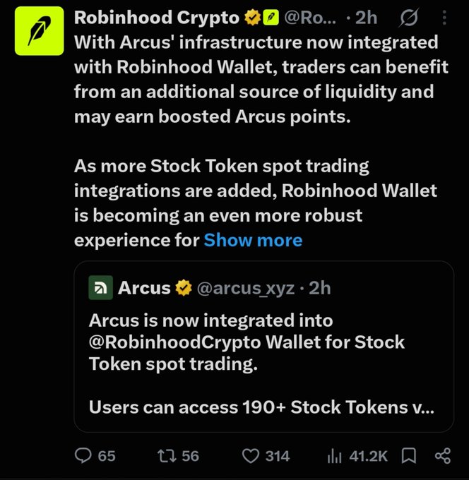 A Twitter/X post from Robinhood Crypto (@Ro...) announcing that Arcus is now integrated with Robinhood Wallet, quoting a post from Arcus (@arcus_xyz) stating users can access 190+ Stock Tokens for spot trading, with 41.2K views.