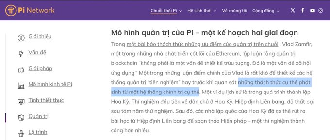 The image displays a Vietnamese-language Pi Network webpage about the "Mô hình quản trị của Pi – một kế hoạch hai giai đoạn" (Pi's governance model – a two-phase plan), referencing Vlad Zamfir and blockchain governance principles. It appears to relate to the Pi cryptocurrency project, complementing the post's emphasis on Pioneers' perseverance and Pi's mysterious nature.