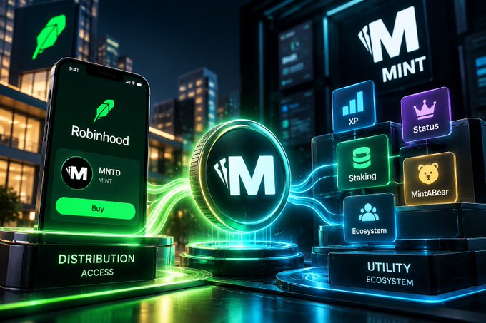 A promotional graphic featuring the Robinhood app alongside a glowing MNTD (MINT) crypto token, with labeled sections for 'DISTRIBUTION ACCESS' and 'UTILITY ECOSYSTEM' including XP, Status, Staking, MintABear, and Ecosystem.