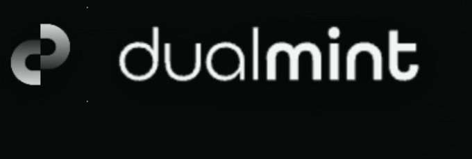 A dark logo on a black background featuring a stylized 'D' symbol next to the wordmark 'dualmint' in lowercase white letters.