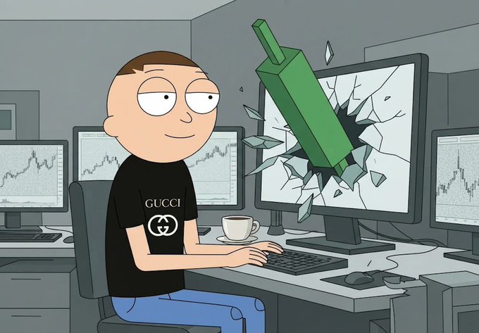 A cartoon character wearing a black Gucci t-shirt calmly types at a keyboard while a green candlestick violently bursts through a trading monitor, shattering the screen amid charts displaying market price data—a visual metaphor for bullish "Gm" optimism despite violent price action.
