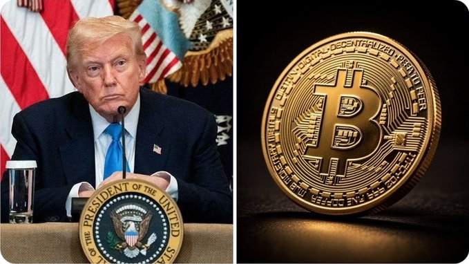 President Trump, identified by the Presidential seal and the context of the post, is shown next to a Bitcoin coin, symbolizing a proposal to remove taxes on crypto transactions.