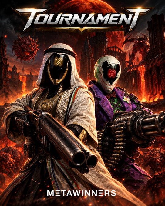 Promotional poster for 'TOURNAMENT' featuring two masked characters in hooded robes and cyberpunk armor wielding large weapons against a fiery, hellish backdrop with demonic creatures, titled 'METAWINNERS'.