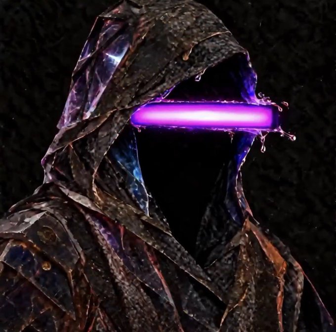 A dark, textured hooded figure with an iridescent purple glow emitting horizontally from where its face would be, set against a black background.