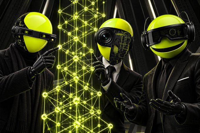 Three figures in black suits wear glossy yellow smiley-face helmets resembling futuristic VR or encryption devices, gathered around a glowing yellow blockchain-like network of connected nodes in a dark, high-tech corridor. The image visually represents the cryptographic community's focus on chain upgrades and crypto-agility, mirroring the post's emphasis on Zcash's rapid L1 network improvements and ongoing wallet security advancements.