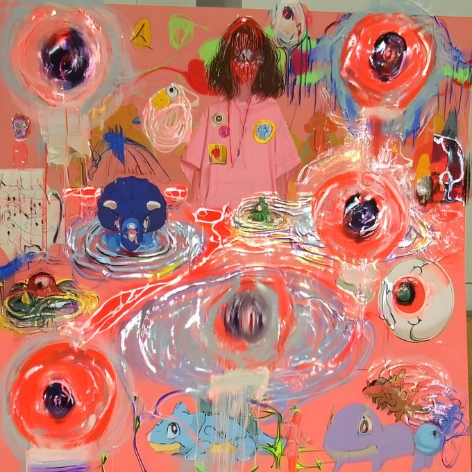 An abstract, surrealist painting with a pink background features numerous eyeballs, a figure in a pink coat, and various cartoonish creatures including Pokémon-like characters.