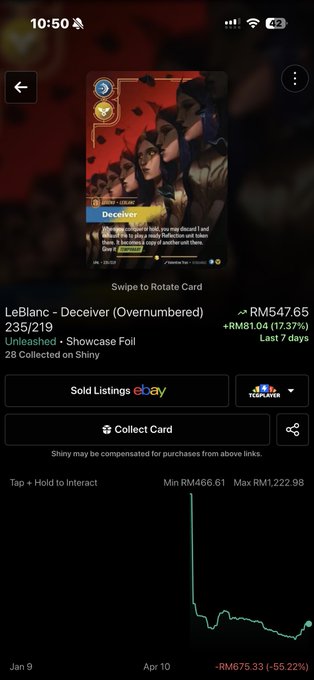 A mobile phone screenshot showing a digital trading card marketplace listing for 'LeBlanc - Deceiver (Overnumbered) 235/219' from 'Unleashed - Showcase Foil', priced at RM547.65 with a price history chart.