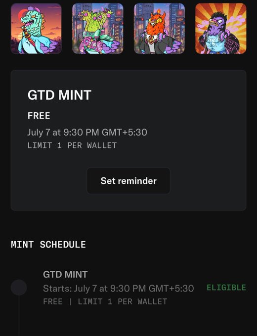 The image shows a "GTD MINT" event page on RallyOnChain featuring four cartoon monster characters, scheduled for July 7 at 9:30 PM GMT+5:30 with a limit of 1 per wallet and an "ELIGIBLE" status displayed in the mint schedule. This relates to the post as the user is announcing their intention to mint the Wingston NFT from RallyOnChain during this scheduled minting window.