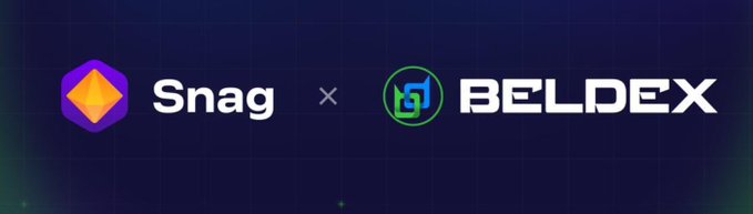 Promotional banner with a dark blue grid background displaying the Snag and Beldex logos side-by-side with an 'x' between them, indicating a partnership.