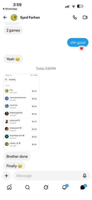 A WhatsApp conversation shows Syed Farhan sharing a screenshot of recent payouts on what appears to be a gig/task platform, with multiple users (including Abdulbasit) receiving $1.63–$1.80 for completing tasks, illustrating the earning potential being promoted in the gib.work referral post.