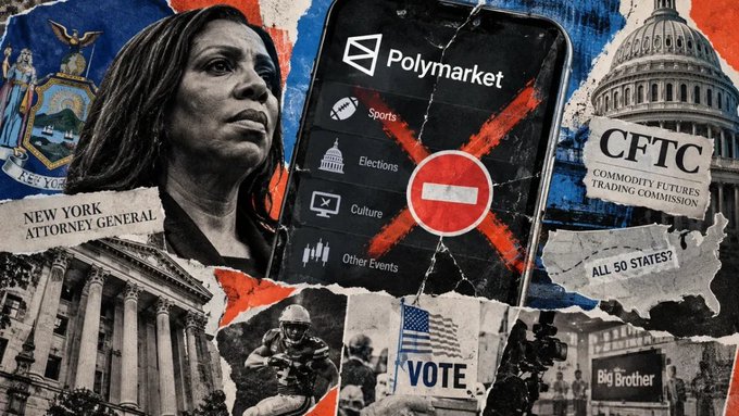 A collage-style image depicting New York Attorney General Letitia James alongside a Polymarket app interface marked with a red prohibition sign, the U.S. Capitol, CFTC (Commodity Futures Trading Commission), and references to elections, sports betting, and 'Big Brother'.
